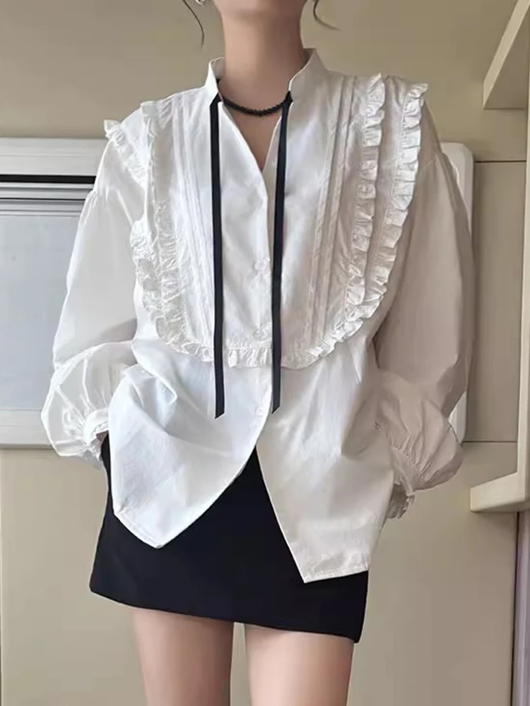 Nomikuma Korean Instagram Spring Style Versatile Wood Ear Lace V-neck Contrast Lace Single Breasted Puff Sleeve Shirt for Women