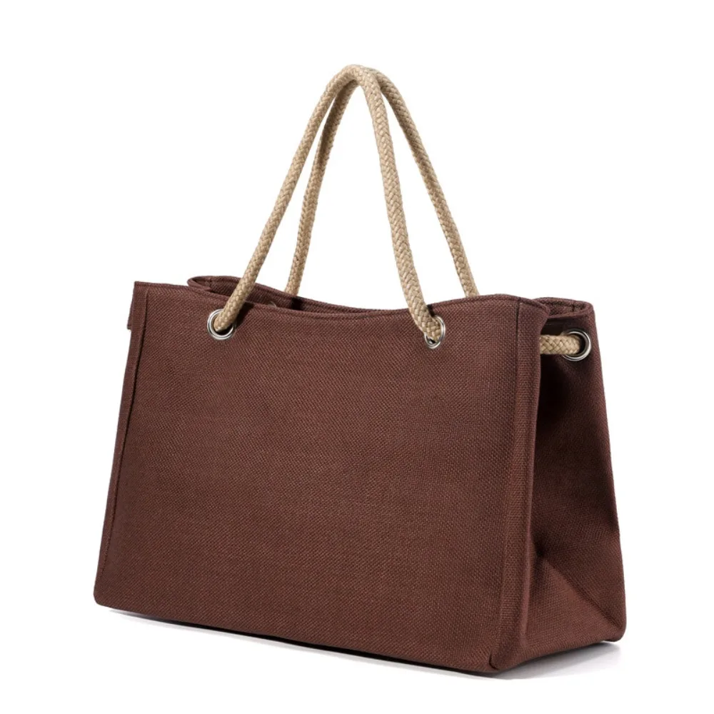 

Trendy Large Capacity Solid Color Handbag Beach Bag Zipper Linen Tote Bag Shoulder Bag Ethnic Style Handba Storage Bag