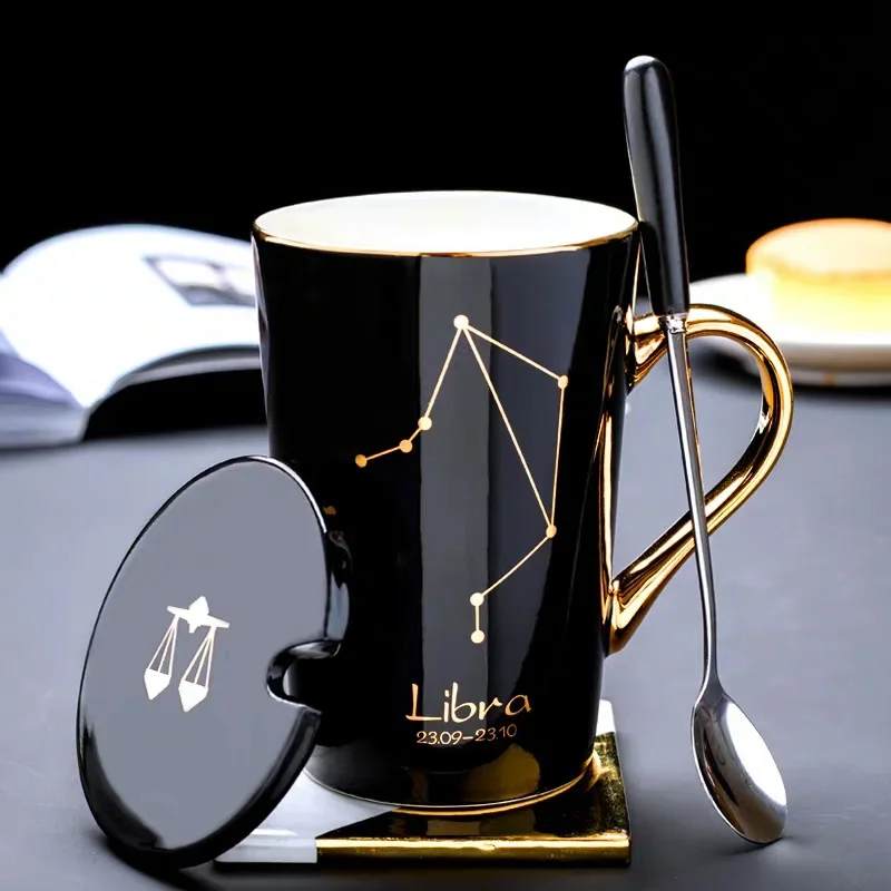Ceramic Mugs 12 Constellations Creative Glass with Spoon Lid Black and Gold Porcelain Zodiac Milk Coffee Cup Drinkware