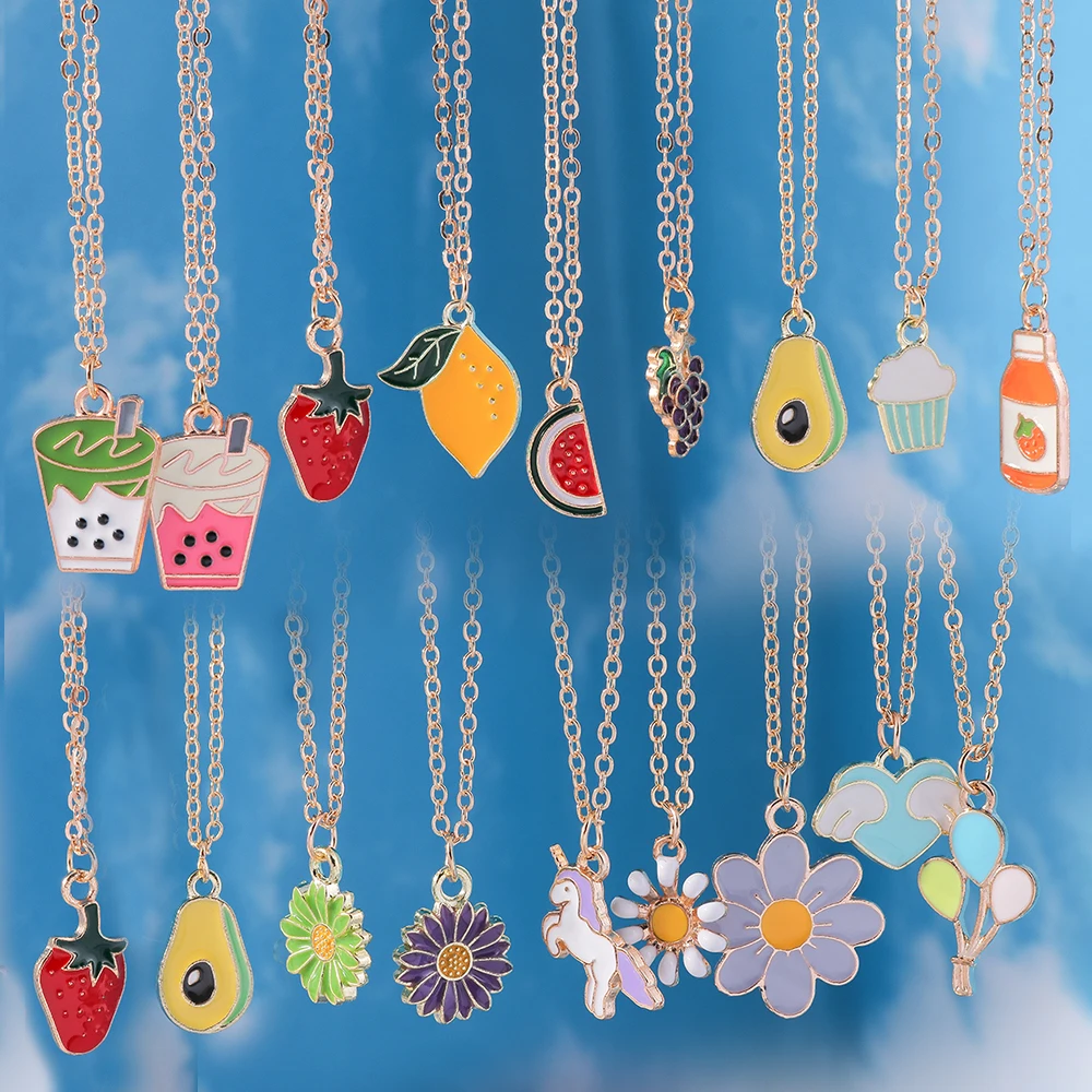 New Enamel Fruits Drinks Unicorn Rainbow Heart Flower Necklace for Women Girls Kids Cute Fashion Pendant Necklace Birthday Gifts