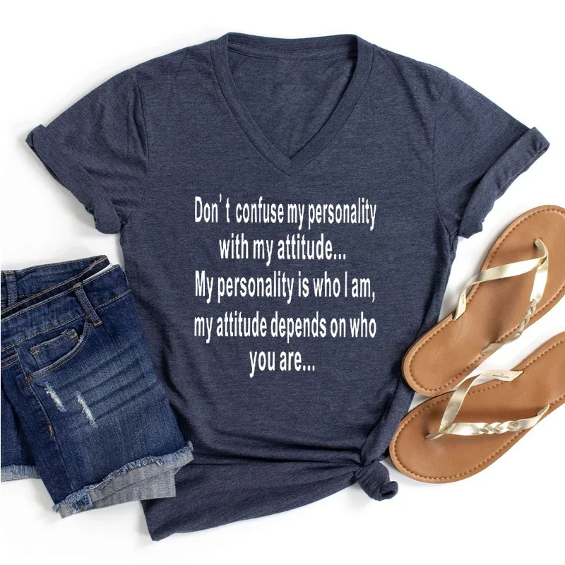 Women Personality Tshirt Letter Print Do Not Confuse My Personality with Your Attitude Graphic Short Sleeves V Neck Women