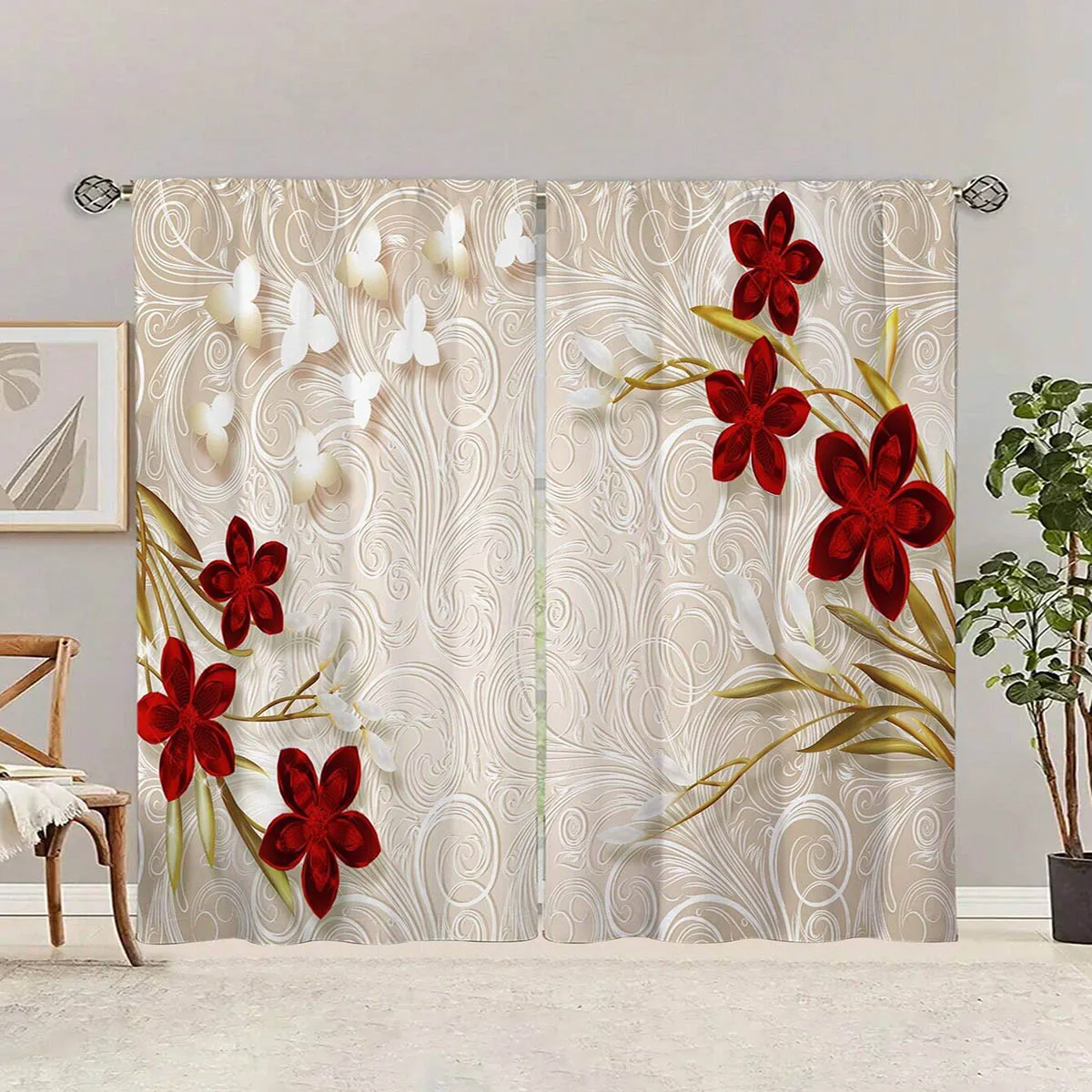 2 Pieces, Modern Minimalist Floral Print Curtains, 100% Polyester, Suitable For Kitchen, Living Room, And Bedroom Decoration.