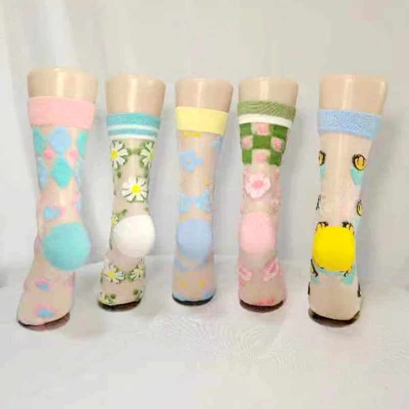 2022 Japanese Korea Fashion Jacquard Women Summer Cool Creative Floral Transparent Silk Trend Print Ultrathin Glass Silk Socks