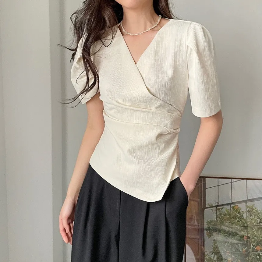 Women Blouse 2024 Spring Summer Solid Tucked V Neck Slim Blouse Elegant Short Sleeve Asymmetrical Top For Women Hot Sale