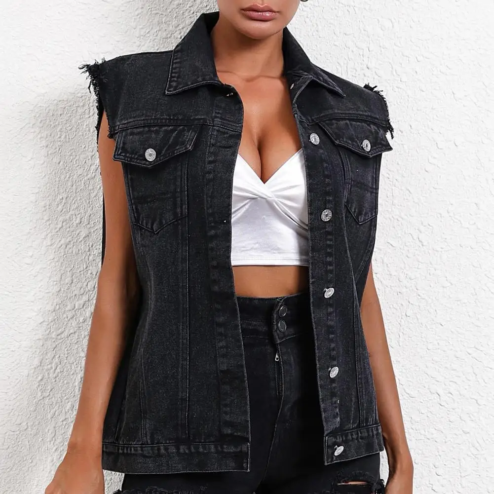 Vest Women Denim Vest Jacket Button Down Jean Waistcoat with Frayed Lapel Pockets Summer Lightweight Outerwear Jean Vest