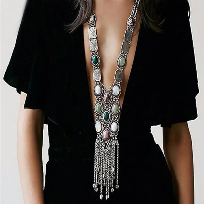 

M6CD Long Chain Necklace Tassels Charm Pendant Stylish Elegant Women Necklace