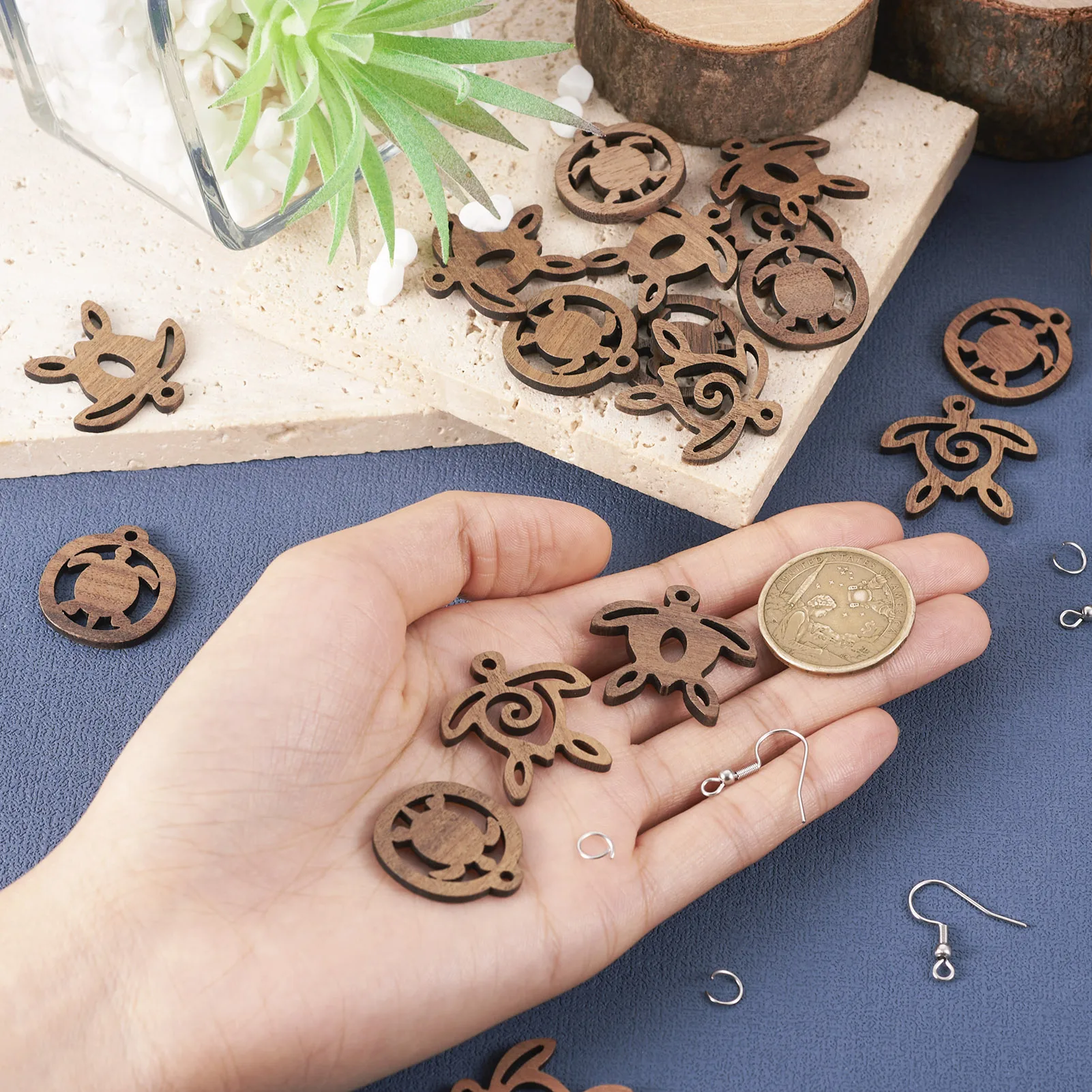 24pcs Hollow Turtle Natural Wood Charms 304 Stainless Steel Jump Rings Earring Hooks Set for DIY Dangle Earrings Jewelry Making