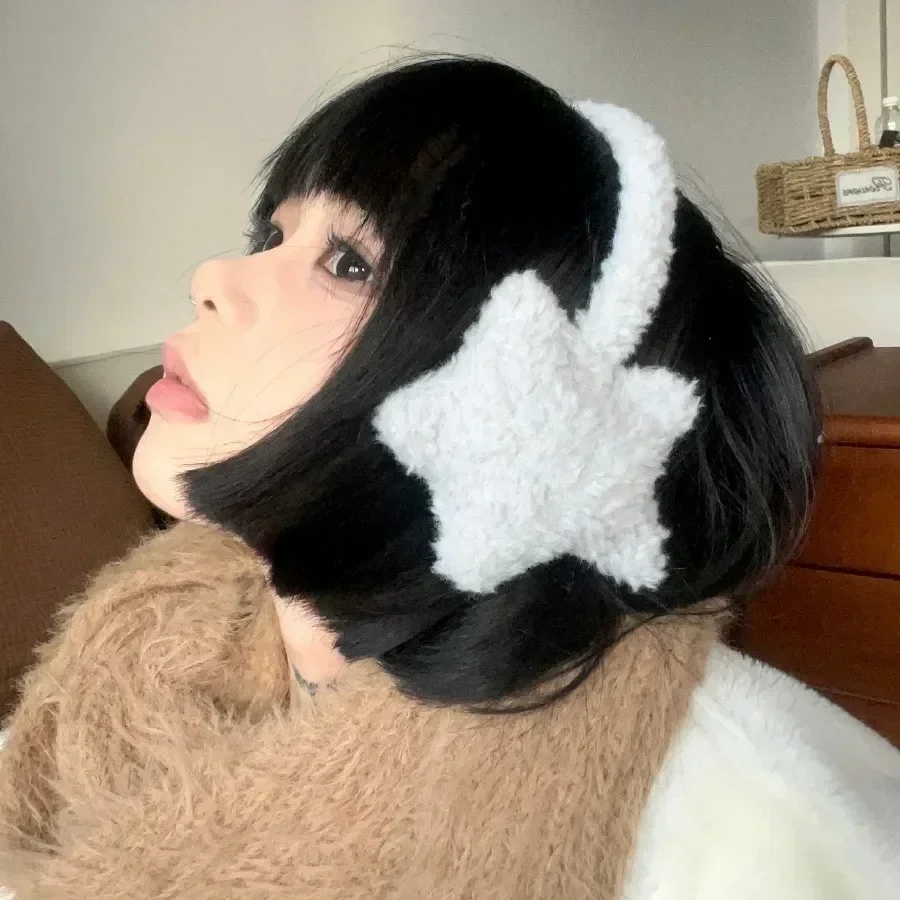 Y2K Star Fluffy Earmuffs ปลั๊กอุดหูเย็นป้องกันผู้หญิงฝาครอบหูอุ่นสีทึบ Plush Earmuffs อุปกรณ์ขี่จักรยาน