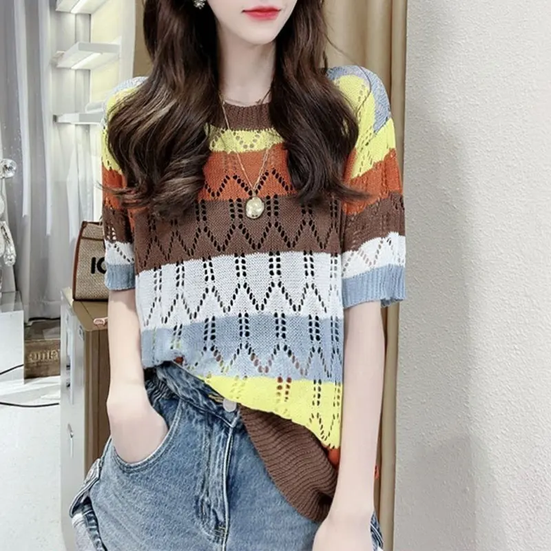 

Female Clothing Contrasting Colors Striped Pullovers Stylish Hollow Out Casual Tops Summer O-Neck Korean Loose Knitted T-shirt