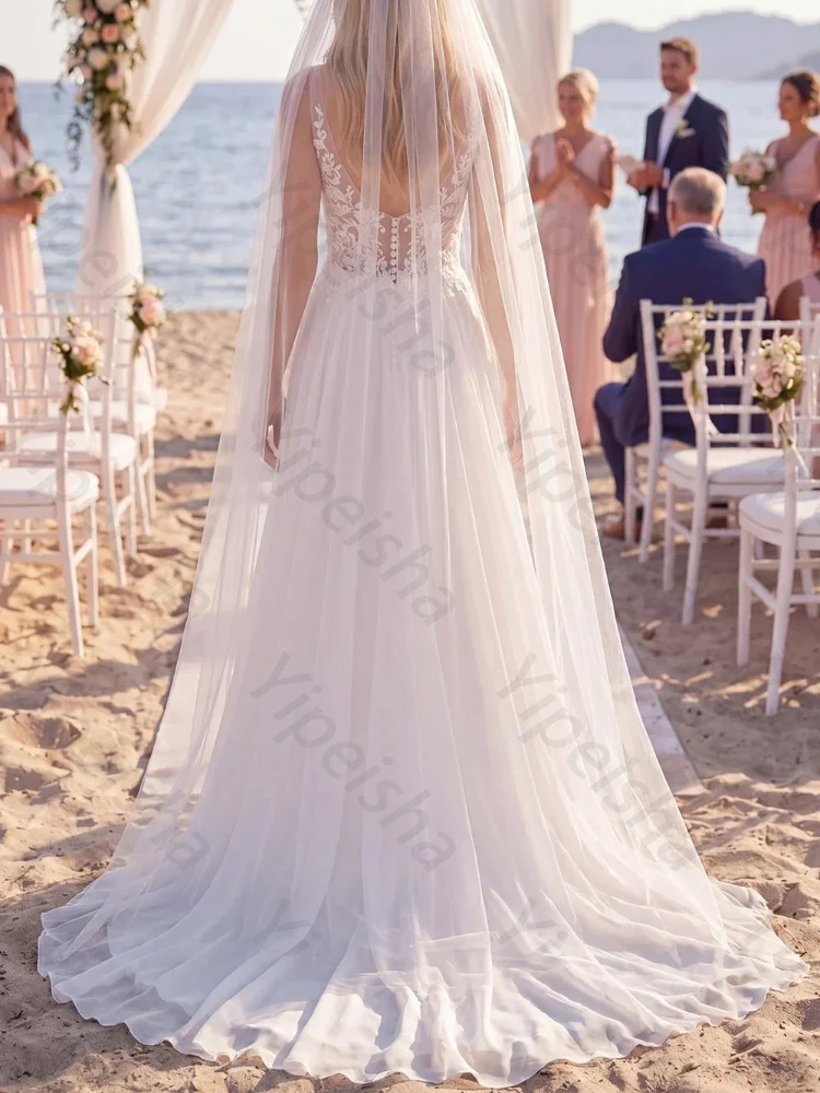 Customized Chiffon A Line V-Neck Sweep Train Wedding Dresses Sleeveless Backless Celebrity Dress High Quality Prom Party Gowns