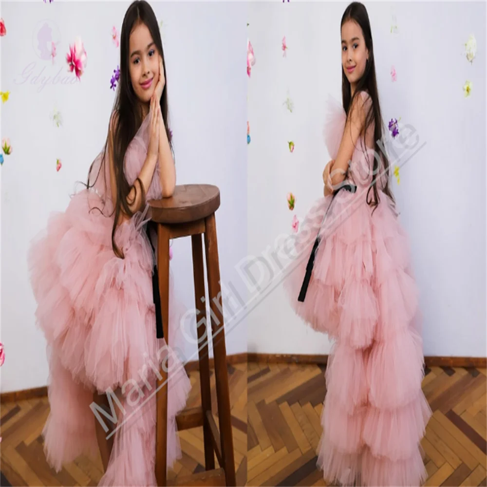 

Розовое многослойное пышное детское платье спереди с короткой спинкой на день рождения, подходящее для вечеринок подружек невесты, причастия, свадебной фотографии