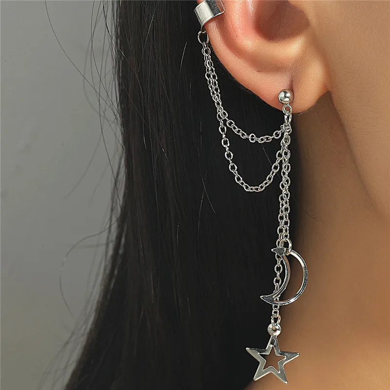 Simple Long Chain Earrings Ins Stars Moon Temperament Tassel Ear Clip Integrated  Earrings Female Jewelry piercing de orelha