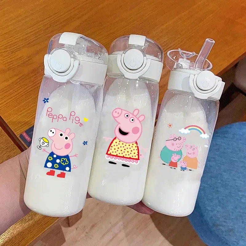 Peppa Pig Straw Bottles Cups 600\400ML Drinking George Pig Children's Transparent Portable Anti Drop Water Bottle PC Material