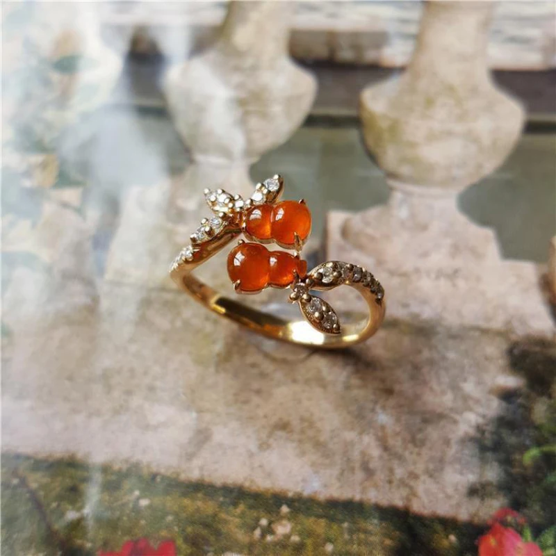 Original silver inlaid natural ice chalcedony orange red gourd rings for women Chinese style exquisite opening banquet jewelry