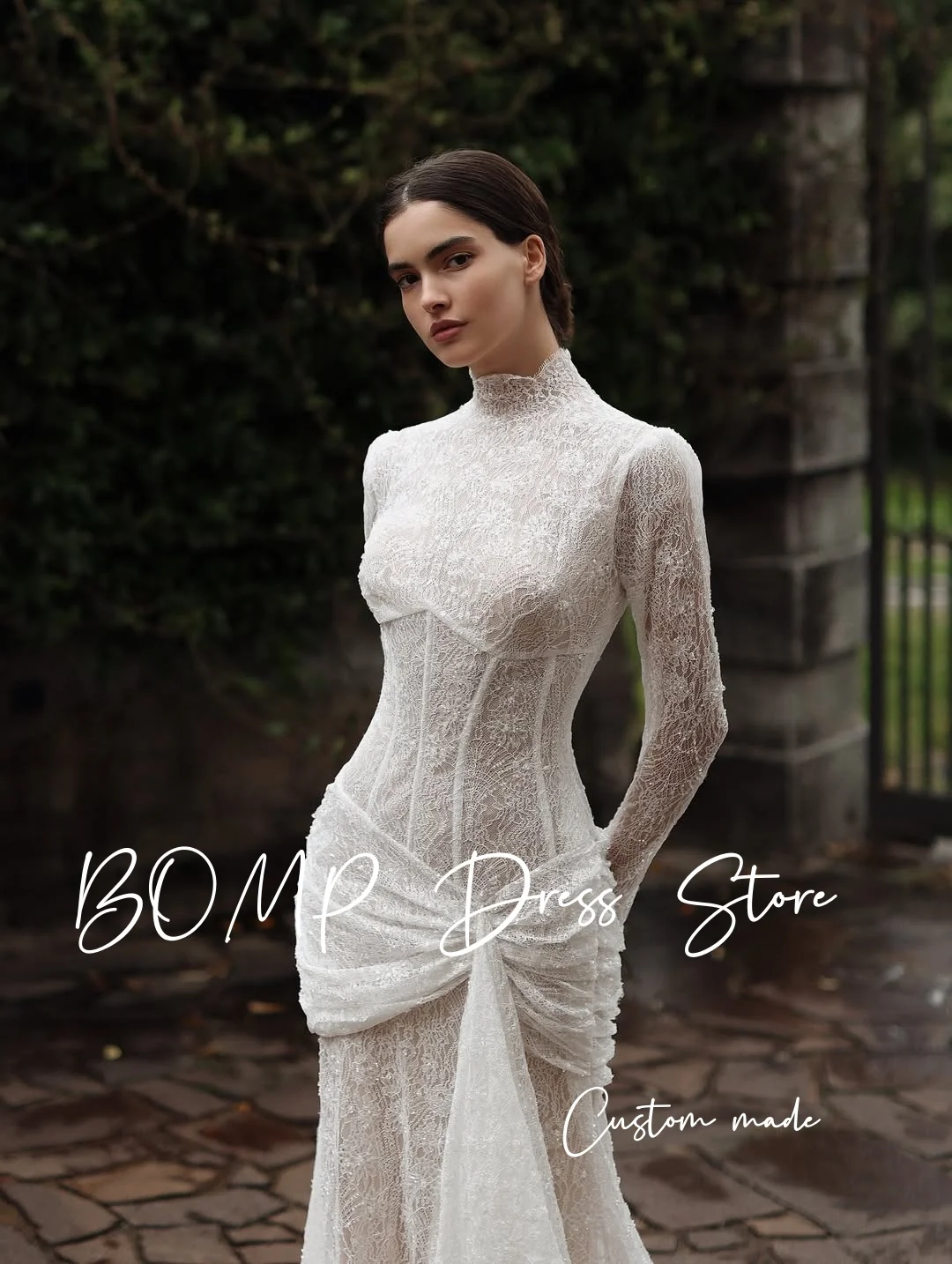 BOMP فساتين زفاف عتيقة من الدانتيل على شكل حرف a رقبة دائرية وأكمام طويلة من الدانتيل سويب تراين فساتين العروس رشيقة Mariage مخصصة 2026 #2