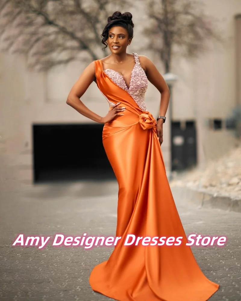 Robes de soirée en Satin Orange pour occasions formelles, robe de soirée de mariage sirène à bretelles, robe de soirée de luxe pour femmes africaines personnalisées
