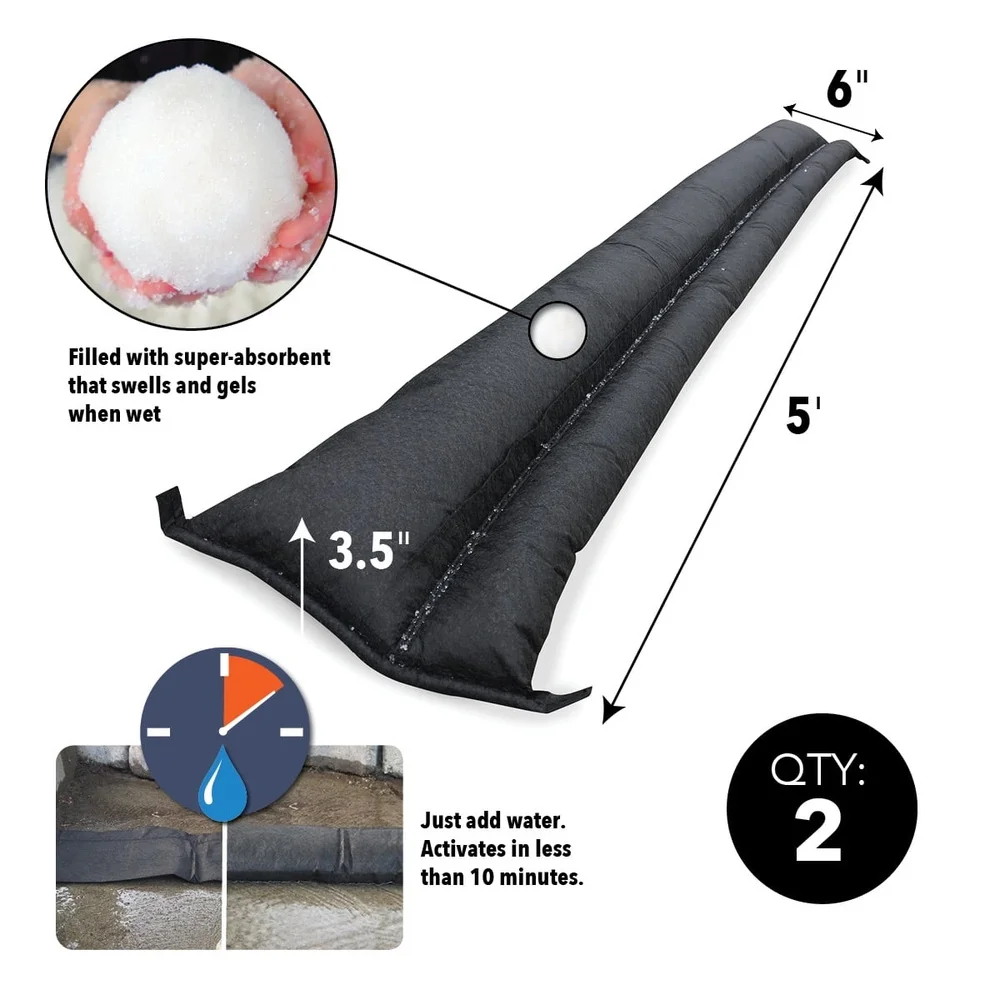 Expanding Flood Barrier 6 In X 5 Ft Water Activated Absorbent Control Divert Protect Home Emergency Flooding Solutions 2 Per Bag