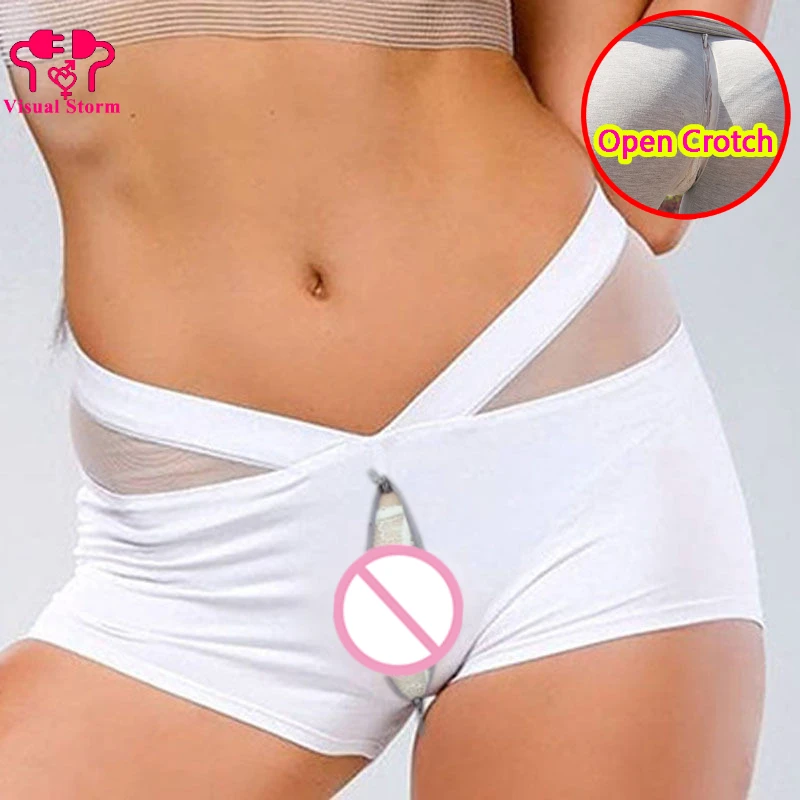 

Woman Sexy Open Crotch Pants Mini Shorts with Double Hidden Zippers Transparent Hollow Out Crotchless Panties Couple Adult Toys