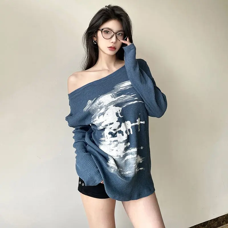 Off-Shoulder Sweater High Street Punk Tie-Dye Printed Ink Smudged Loose Versatile Top Women