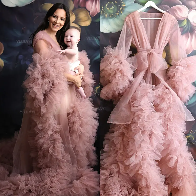 

Tulle Vintage Maternity Dress Photoshoot Ruffles Bridal Robe Long Kimono Sheer Fluffy Wedding Dressing Gown Nightgown Sleepwear