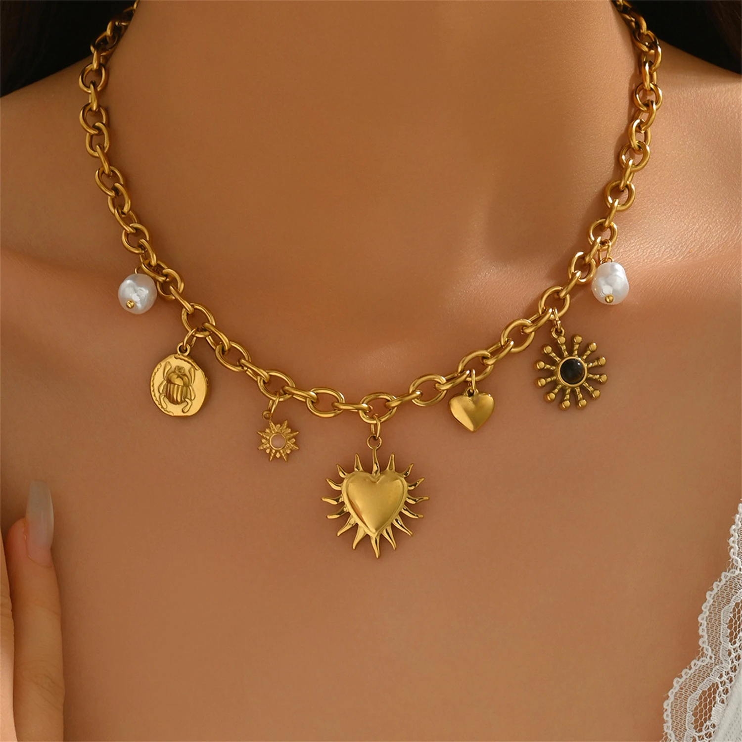 

WAKA Women's Vintage Boho Multiple Pendant Necklace Chunky Chain Heart Sun Pearl Charm Necklaces Fashion Statement Jewelry