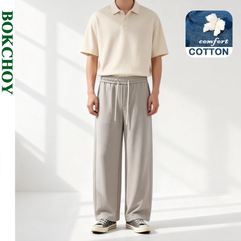 

2026 Spring Summer New Simple Casual Soft Cotton Pants for Men Clothing Comfort Drawstring Big Pocket Male Trousers LX6058
