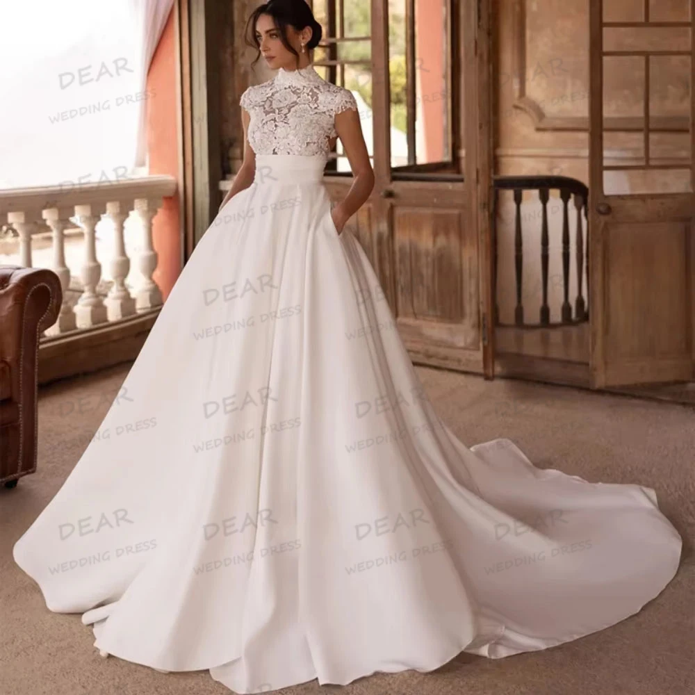 Simple High Neck Wedding Dresses Women's A Line Sexy Bridal Gowns Sleeveless Appliques Vestidos De Novia Customized Sweep Train