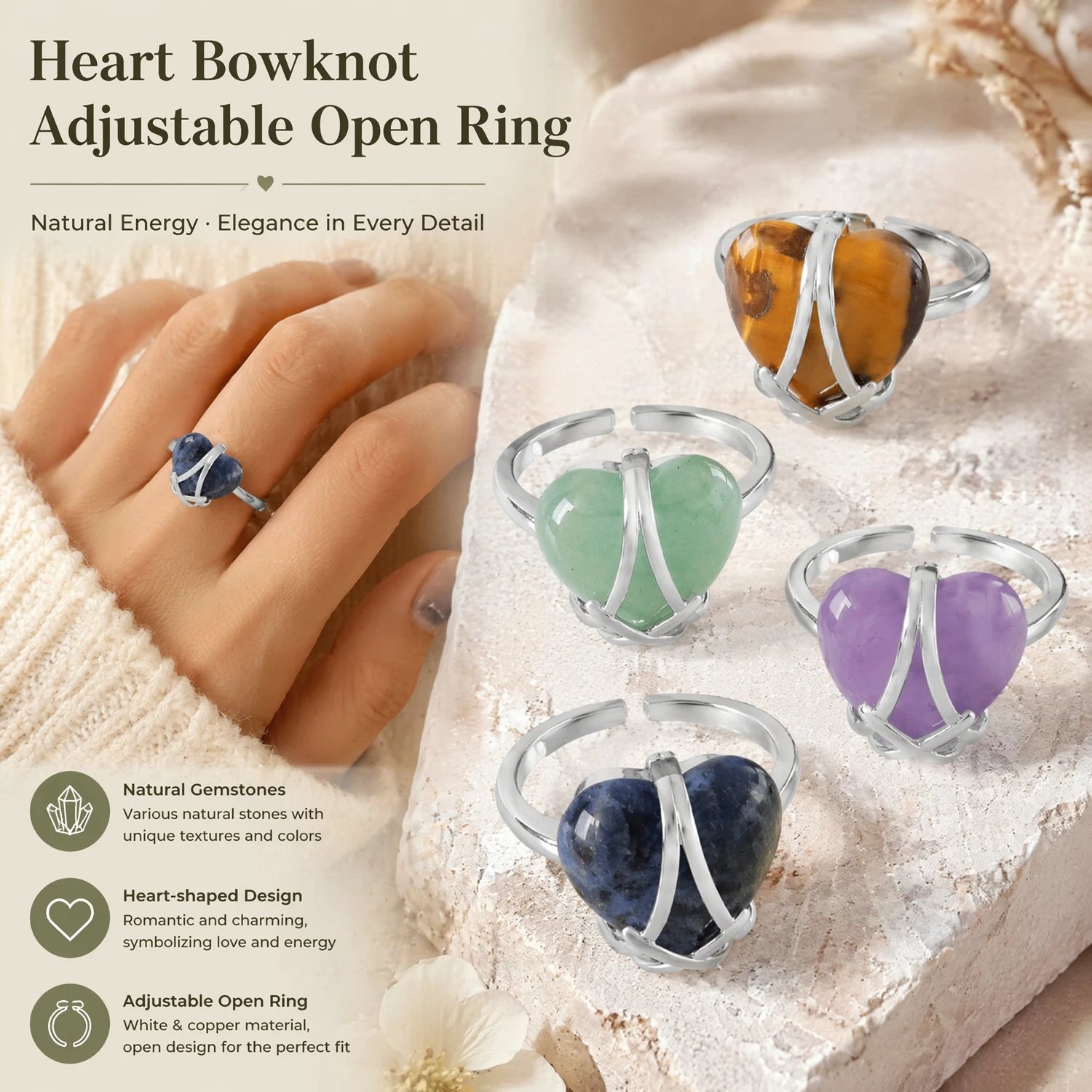 Women Adjustable Open Band Ring Genuine Natural Stone Spiritual Energy Healing Mind Protection Guardian Jewelry for Anniversary
