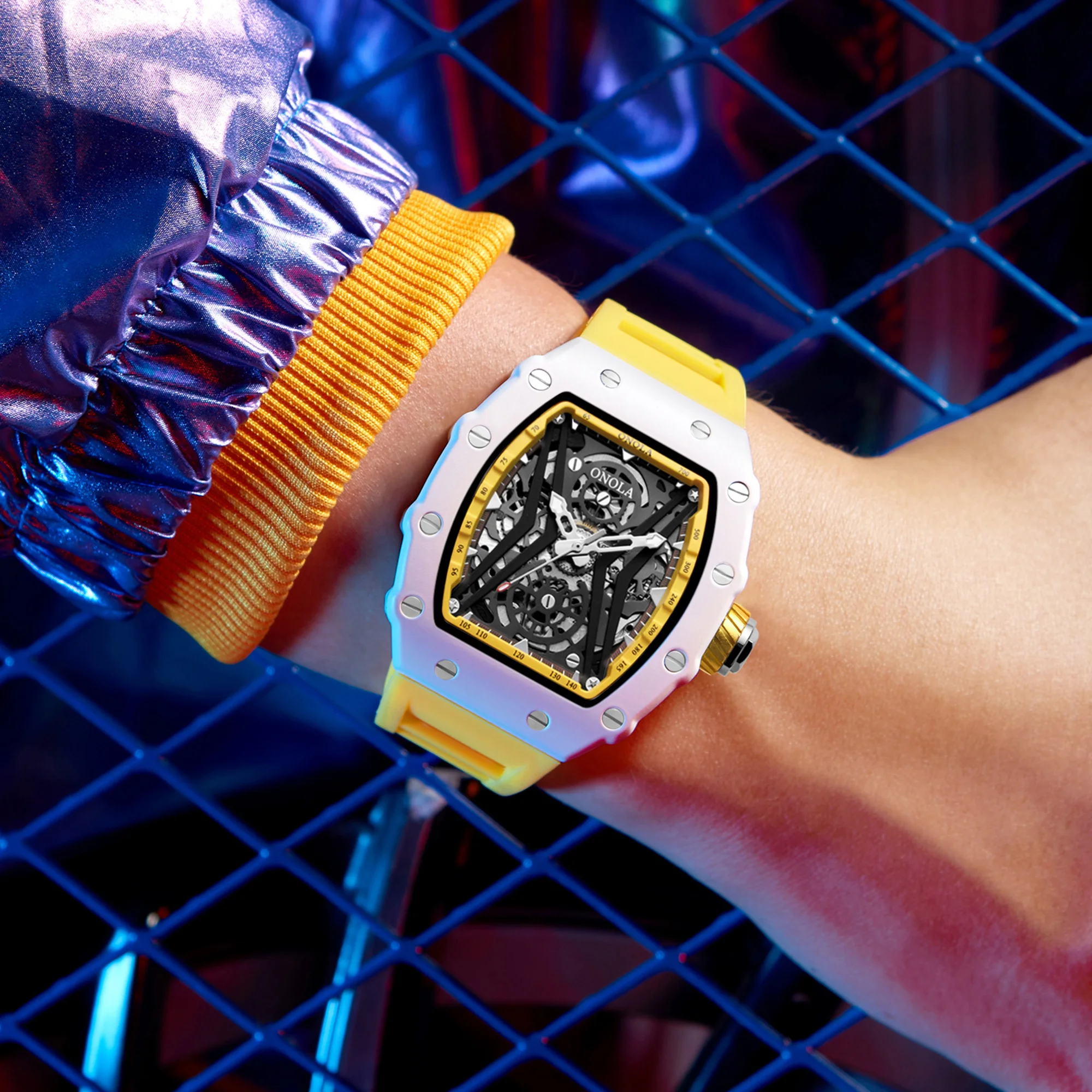 ONOLA 腕時計メンズレディースファッション腕時計自動正方形中空カジュアル防水透明メカニック腕時計