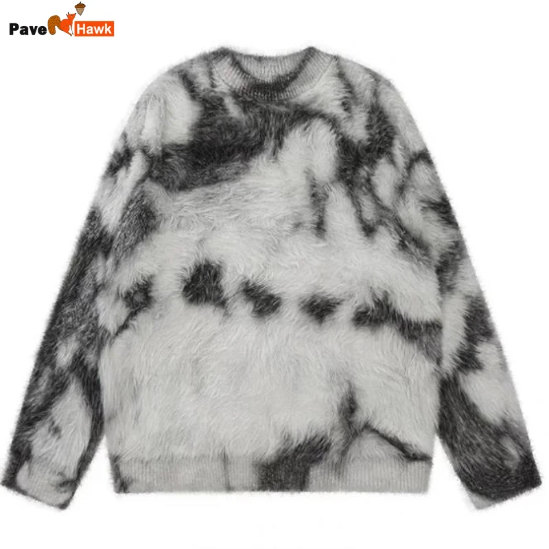 American Fashion Gradient Sweater Mens Thickening Autumn Mink Fur Tie Dye Knitted Tops Round Neck Loose Pullover Male 2024