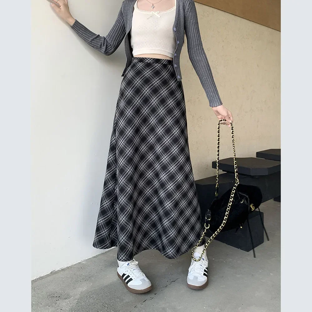 Vintage Plaid Long Skirt Women Korean Fashion Elastic High Waist  A-line Skirt Female Preppy Style Slim Fit Streetwear Faldas