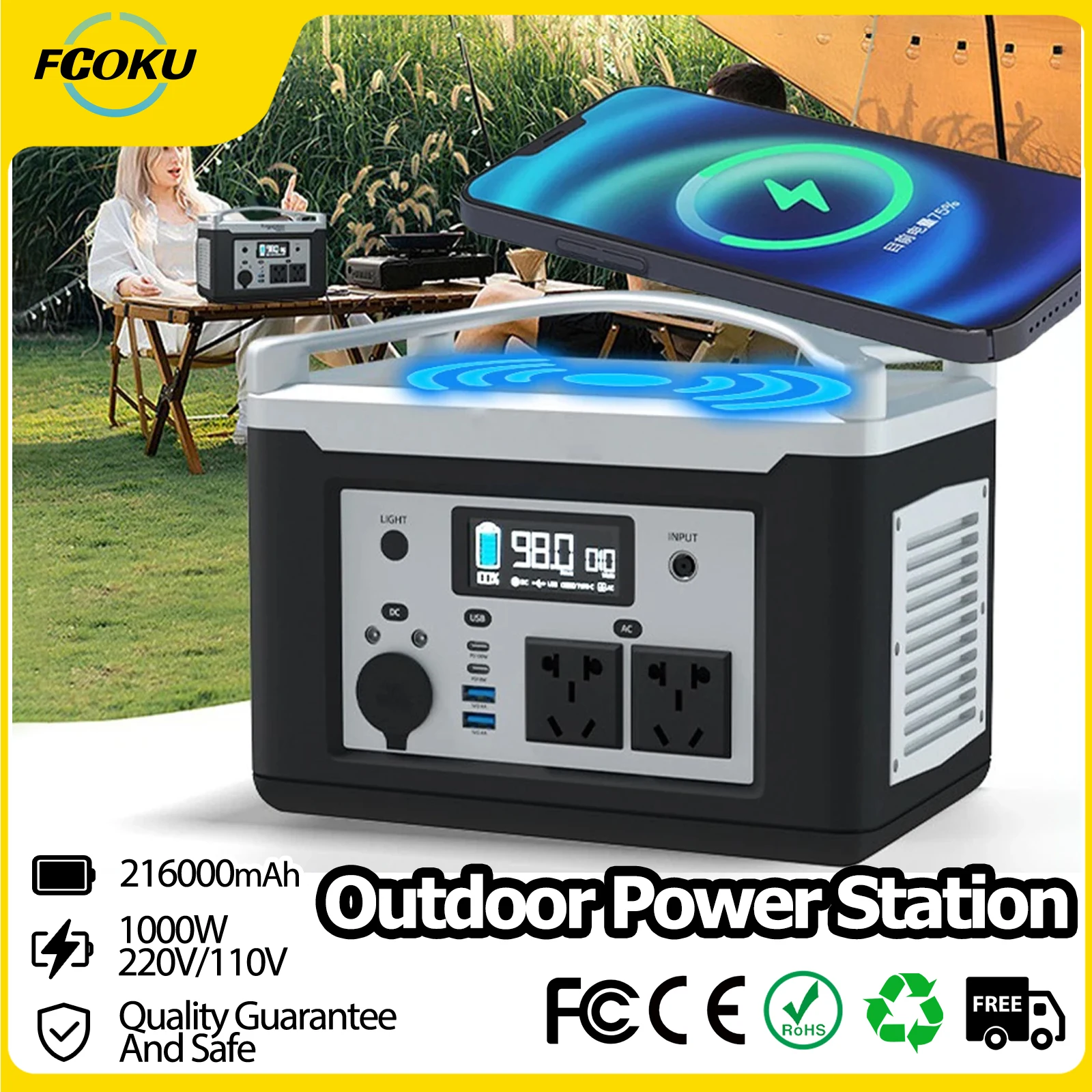 216000mAh Portable Power Station 1000W AC Solar Generator Wireless Charge for Outdoor Camping RV Fishing Emergency Power Supply