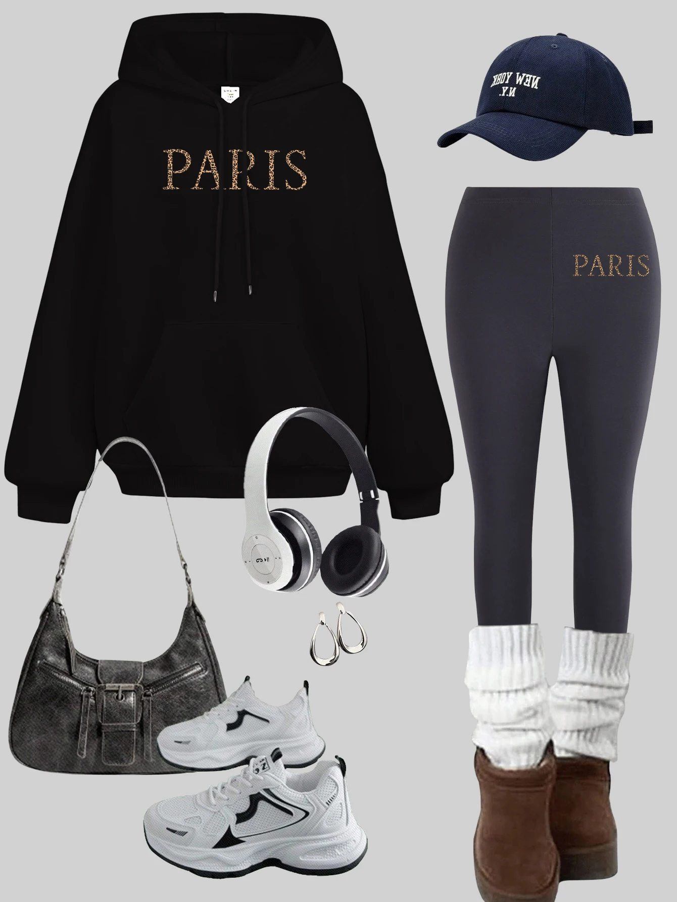 

France Paris City Pattern Hoodies Set Women Y2K Pocket Loose Pullover elasticity Fleece leggings Thicken Autumn pant Sets