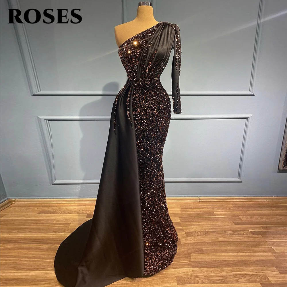 Glitter Women's Evening Dress Sequin One Shoulder Evening Gown Wedding Party Dresses Mermaid Sexy Prom Dresses Robes De Soirée