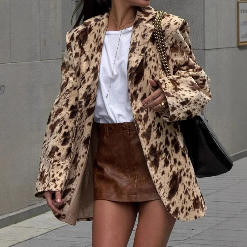 Bruin bedrukte blazer met lange mouwen, Europees en Amerikaans grensoverschrijdend herfstnieuw temperament commuter taillejack