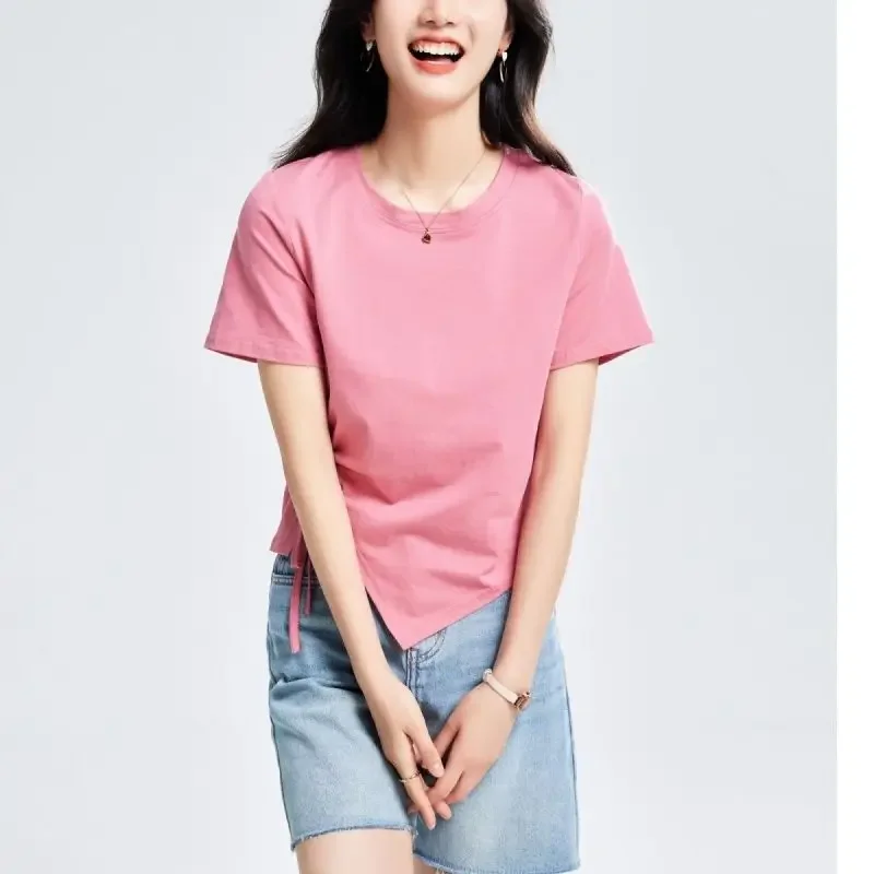 

2023 Female Clothing Summer New Fashion Versatile Casual Women's T-shirt Solid Round Neck Pleated Short Sleeve Tops