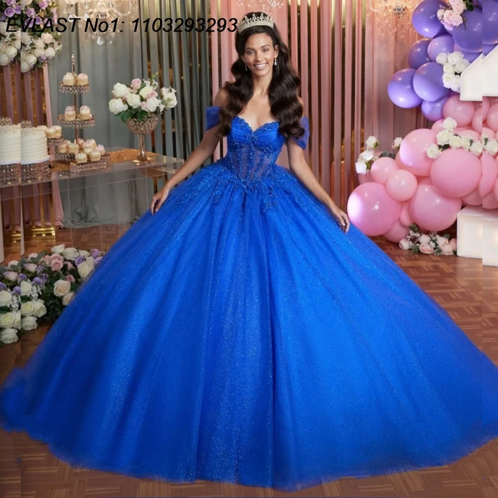 

EVLAST Customized Glitter Royal Blue Ball Gown Quinceanera Dress Shiny Applique Beading Bow Sweet 16 Vestidos De 15 Anos E1QN341