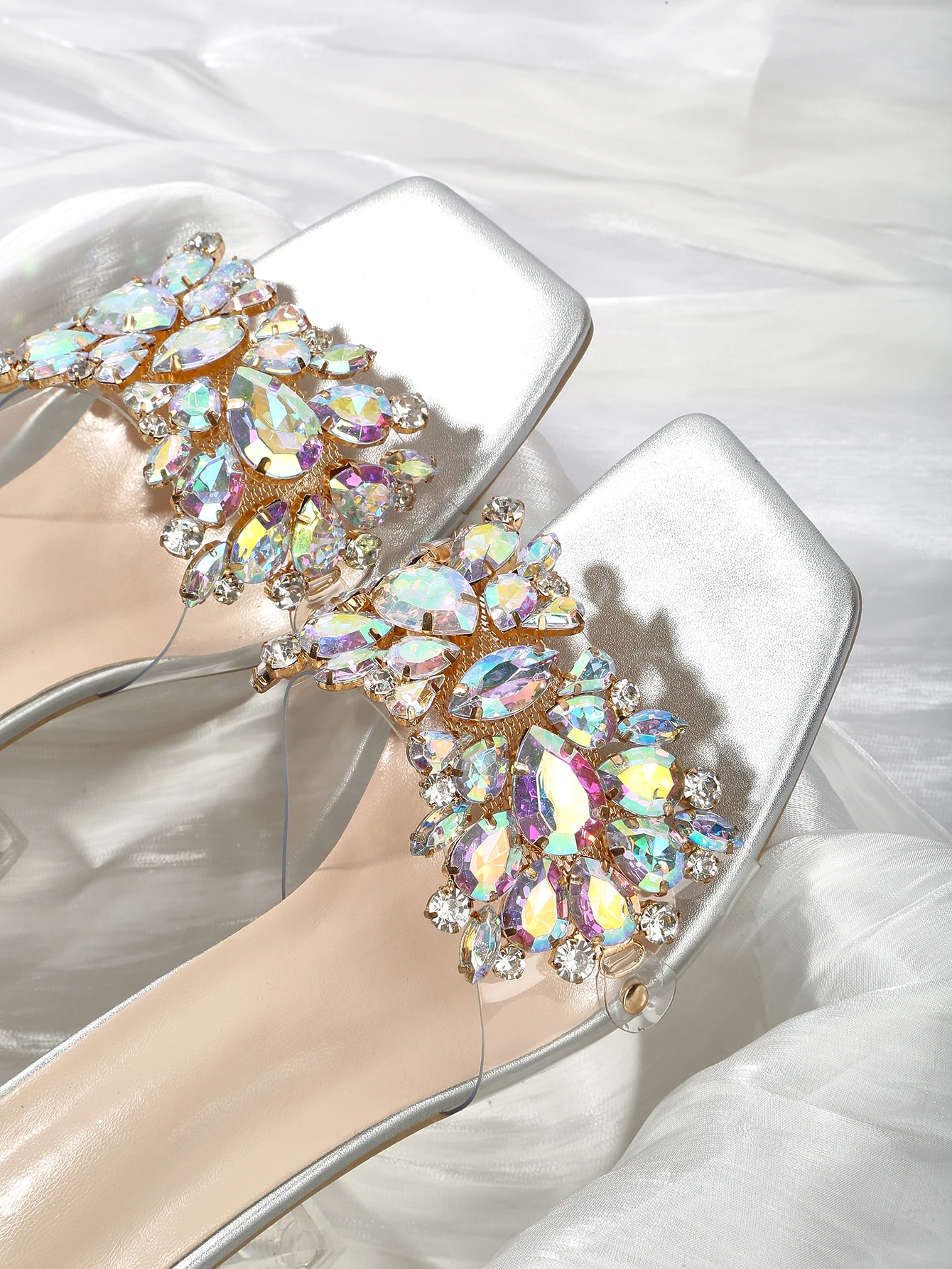 Bright Silver Summer Transparent Crystal Half Trailer High Heel Sandals with Thick Heels and Large Sized Outwear Fashion Sandals