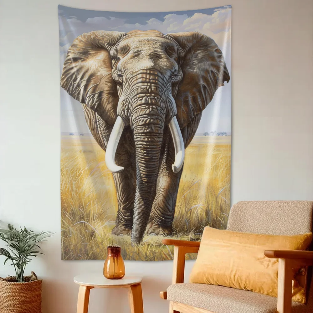 VIKAMA Afrikanische Savanne Elefanten-Wandteppich Realistischer Ölgemälde-Stil Wandbehang für Wohnzimmer, Arbeitszimmer, Bed & Breakfast Dekoration