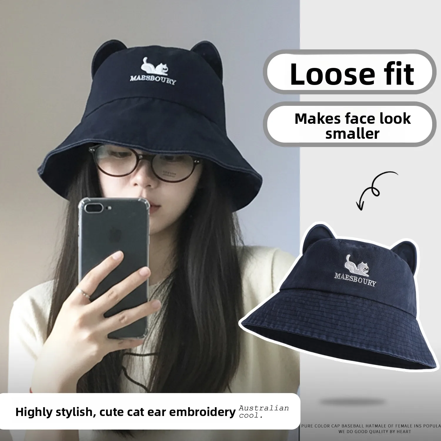 Cute  Ear Embroidery Wide Brim Fisherman Hat Face Slimming Suitable for round Face Natural Bucket Hat Women's Hat