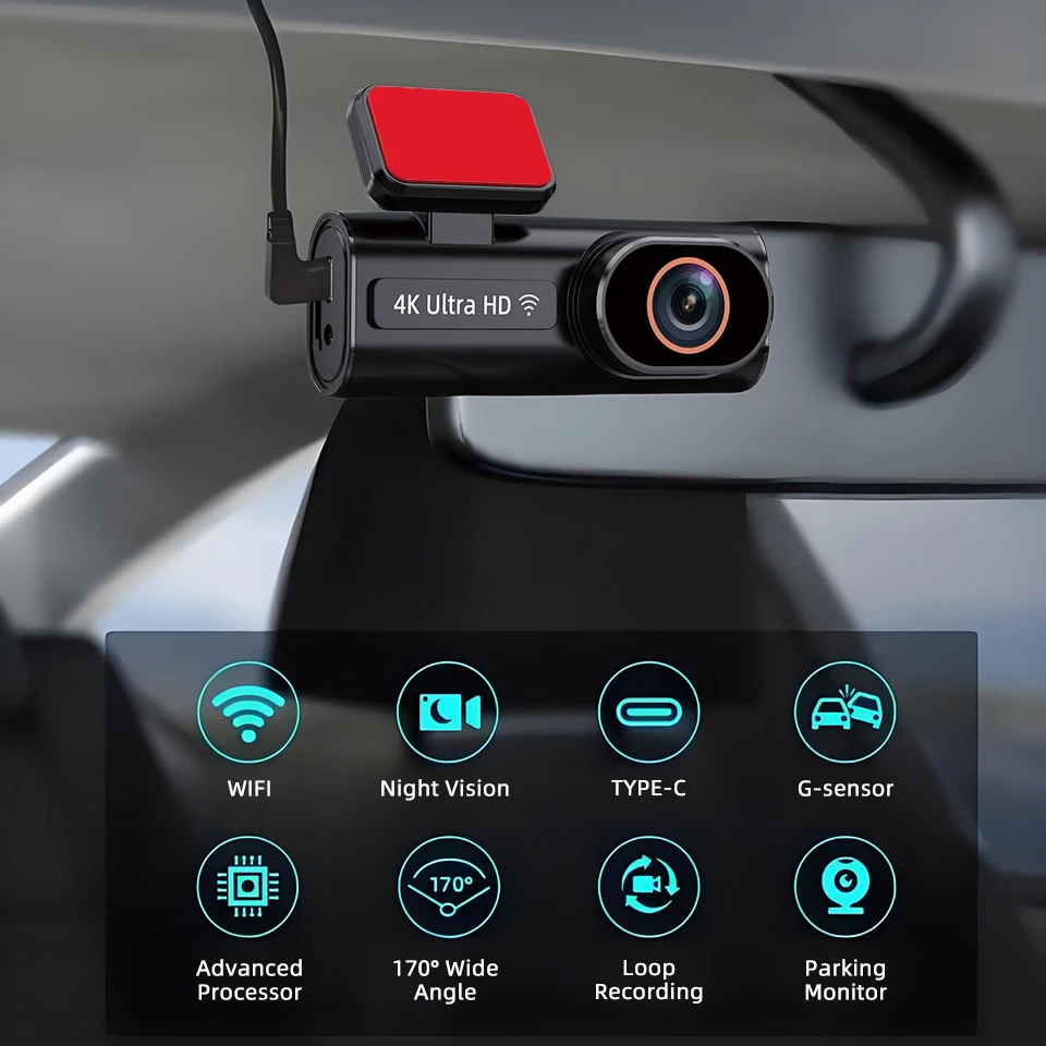 Acceo 4K Ultra HD Dash Cam Front Rear 1080P WiFi GPS Car DVR Video Vision 24H Parking Monitor Loop Recording Black Box for Cars
