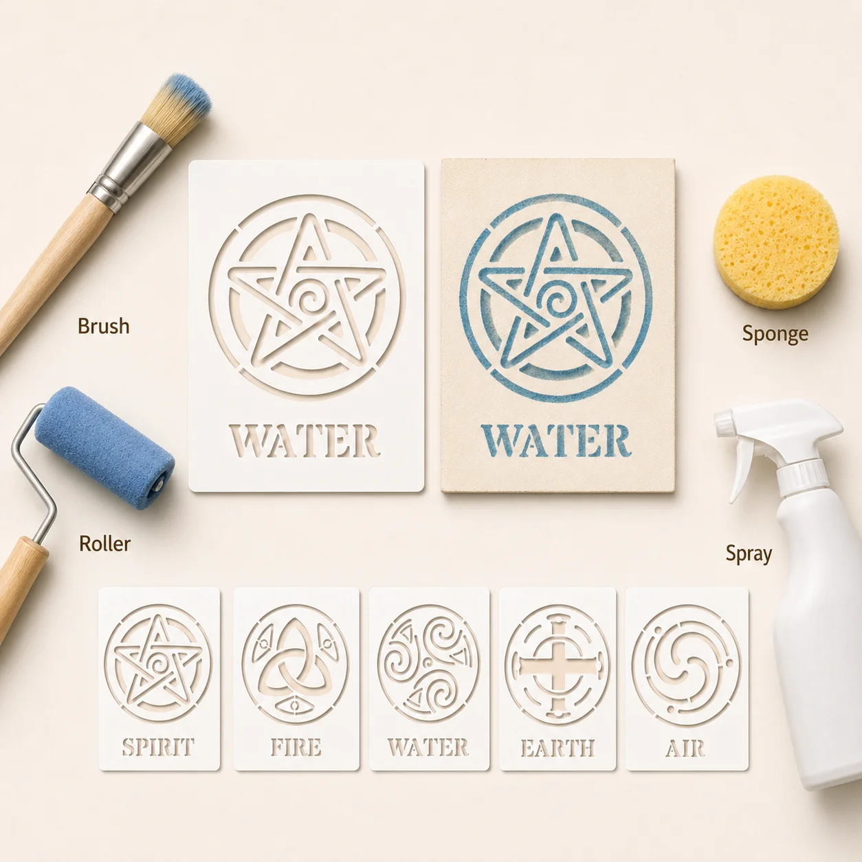 5Pcs A5 5.8x8.2in Five Elements Stencils Reusable PET Stencils for Painting Spirit Fire Water Earth Air Wall Wood Fabric Decor view 5