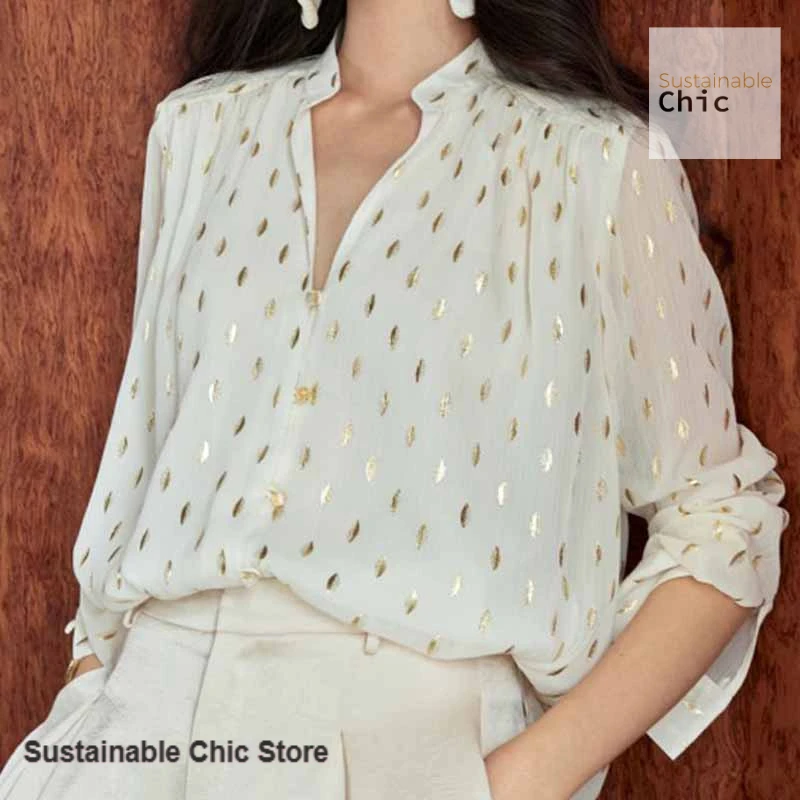 

French style bronzing chiffon gold leaf glass button small stand collar loose shirt women's spring and summer new fashion tops