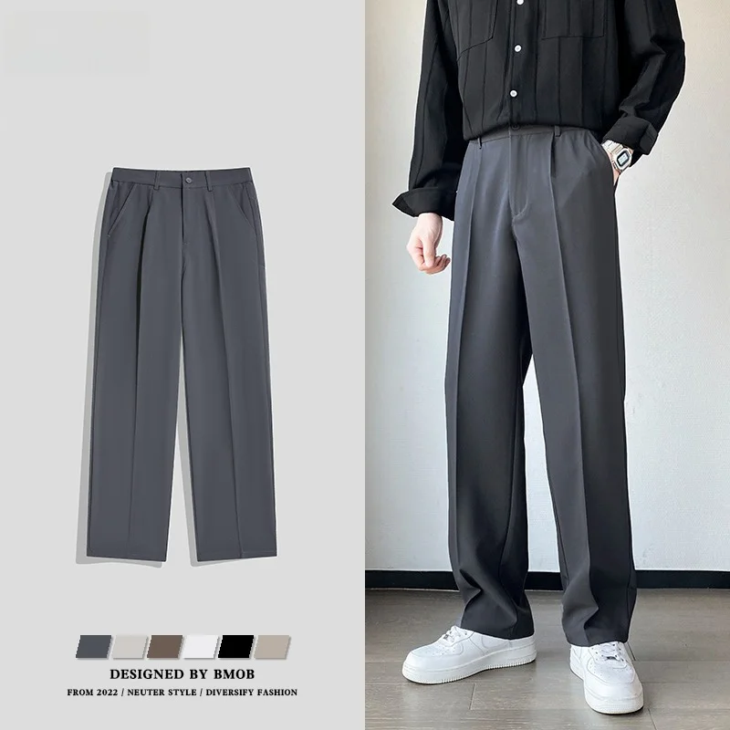 

BMOB Men's Casual Straight Leg Pants Pure Color Korean Sle Spring Faionable Trendy Brand Straight Cut Long Trousers