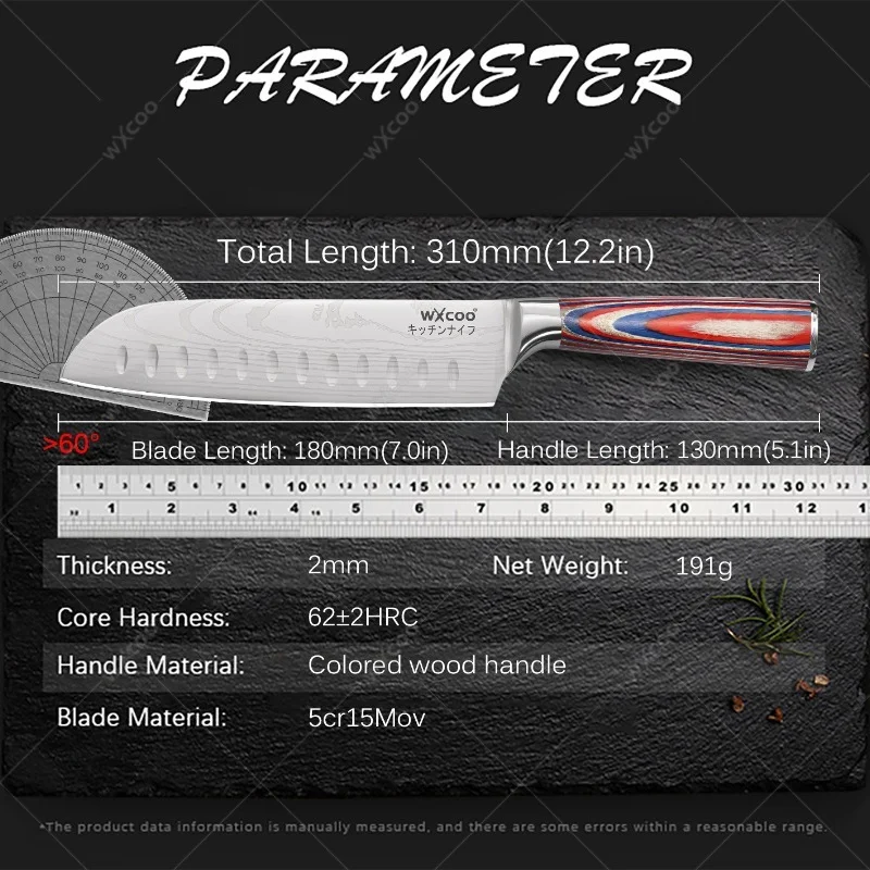 WXCOO Damascus-Pattern Santoku Knife Colorful Wood-Handle Chef Knife for Daily Cooking Premium Kitchen Knife & Peeler Set