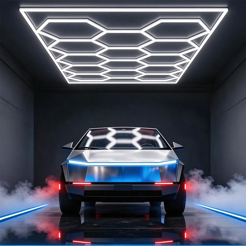 Honeycomb hexagonal white light garage lamp - 6500K cool white light. Two installation methods: simple screws and cable ties. Plug and play. DIY flexible combination. Suitable for garages and 4S stores.