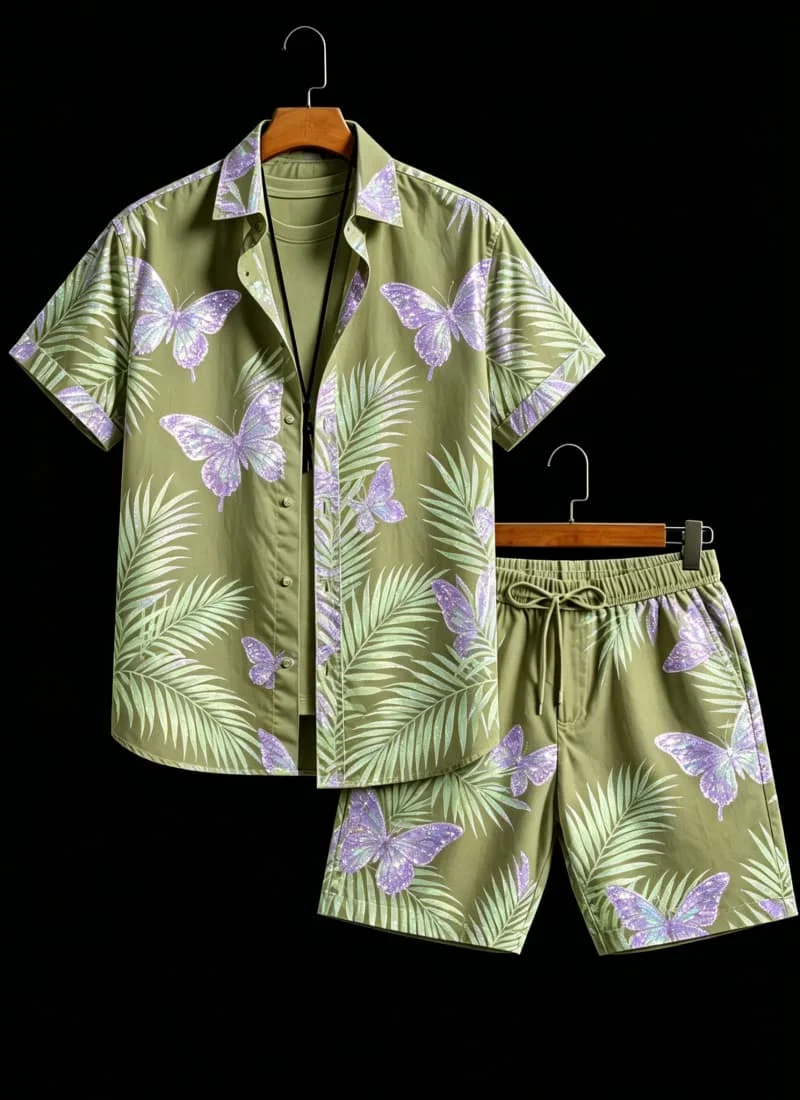 Herren-Set mit tropischem Tiermuster, zweiteilig, Kurzarmhemd und Shorts, für Sommerreisen und einen energiegeladenen Urlaubsstil.