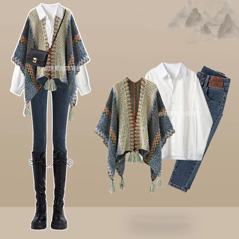 Retro Ethnic Style Knitted Shawl White Shirt Blouse Wide Leg Pants Three Piece Set Fashionable Women's Pants Set Outfits