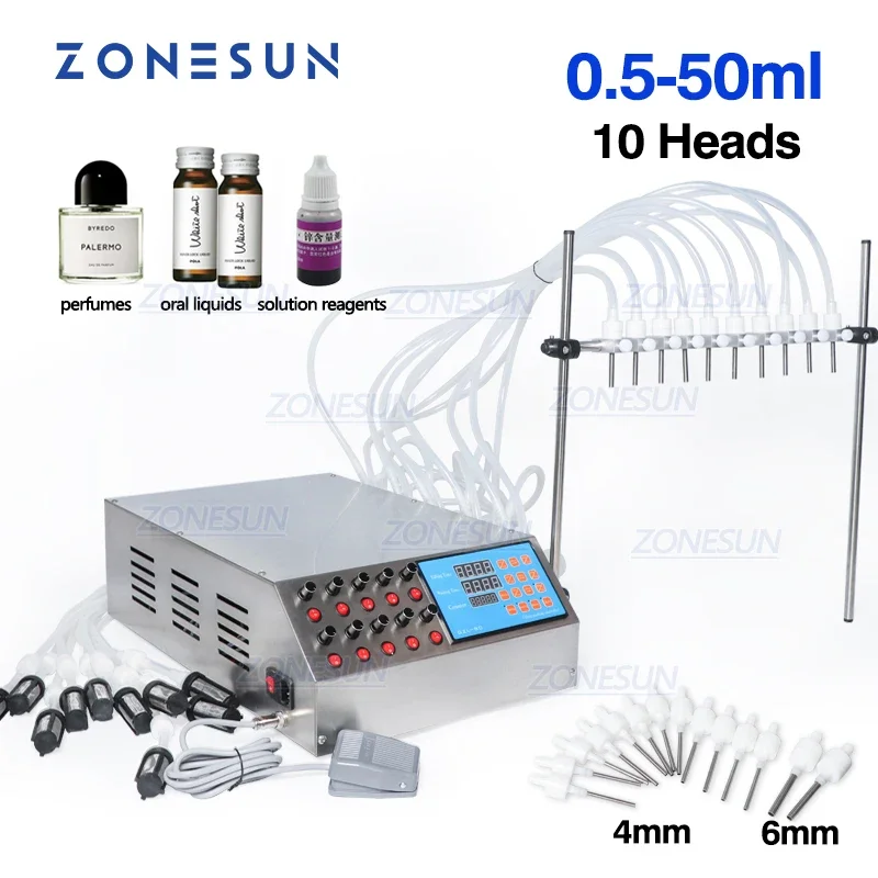 

ZONESUN 10 Heads Perfume Vial Oral Liquid Filling Machine Electric Digital Control Pump Filler 50ml Small Bottle ZS-YTPP10