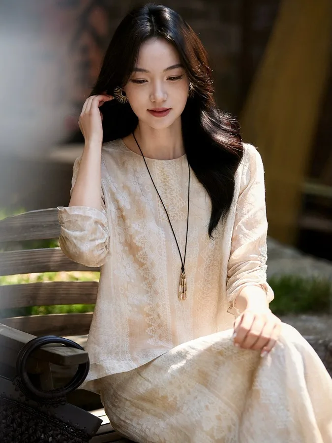

Simple OALIETAG Sandalwood Shirt Dress with Sleeve Slits Women's Casual Summer Fashion Polyester Fiber Loose Fit Printed Design